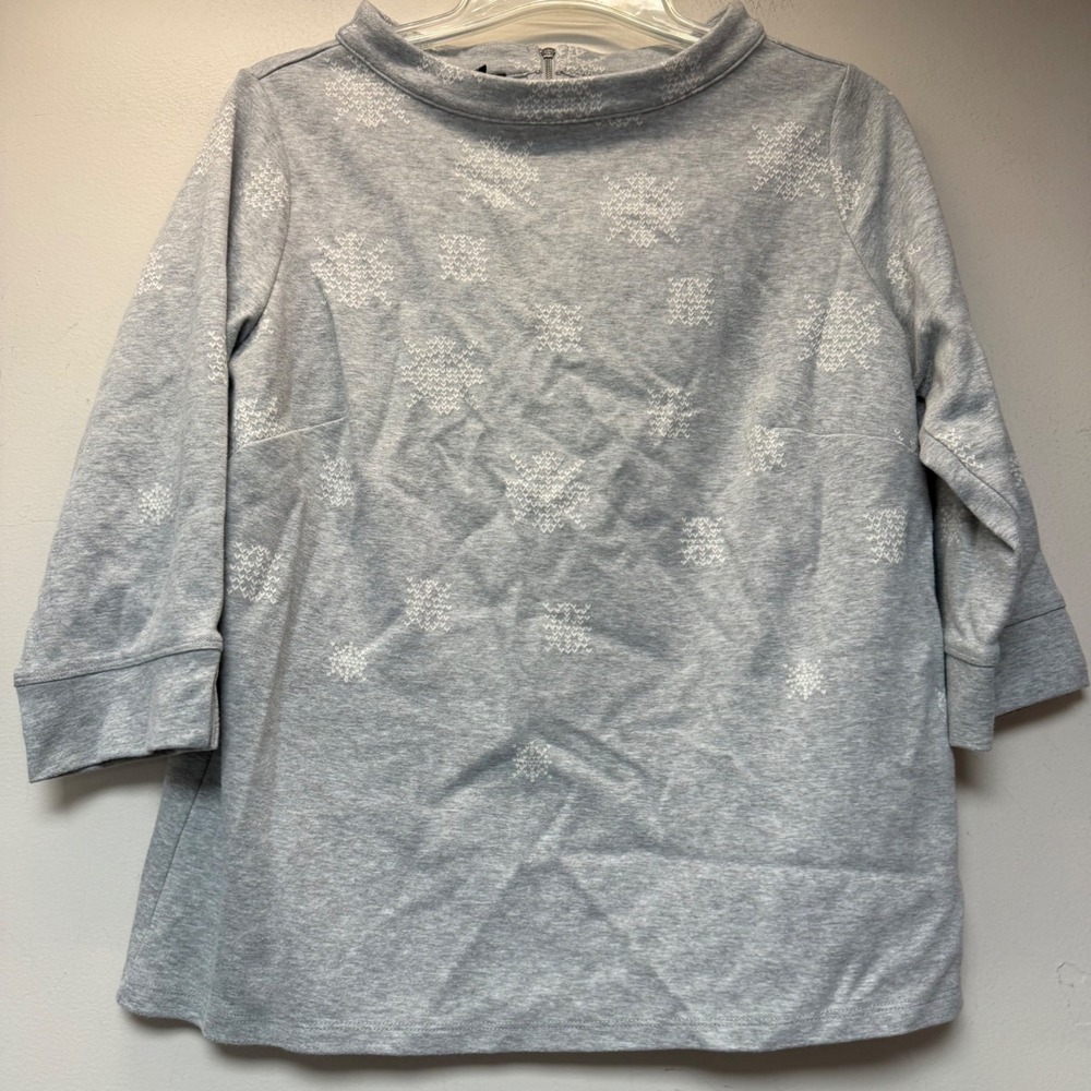 Talbots Knit Top Women X Gray Excellent Snowflake Mock Neck 3/4 Sleeve Zip Back